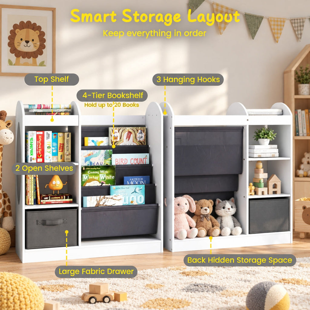 Airfind Toy Storage Organizer with 4-Tier Sling Shelves, 22 lbs Capacity, MDF Pine Wood Fabric Frame for Everyday Use, White