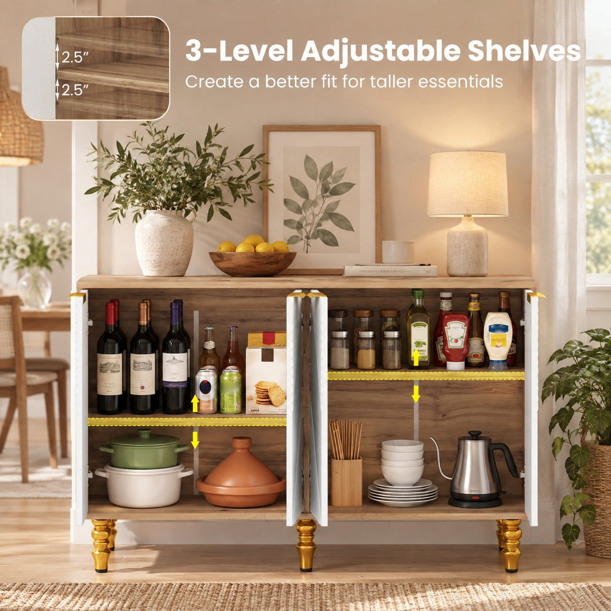 Airfind 47 Sideboard Buffet Cabinet with 4 Chevron Fluted Doors Anti-Toppling Devices for Kitchen, Natural