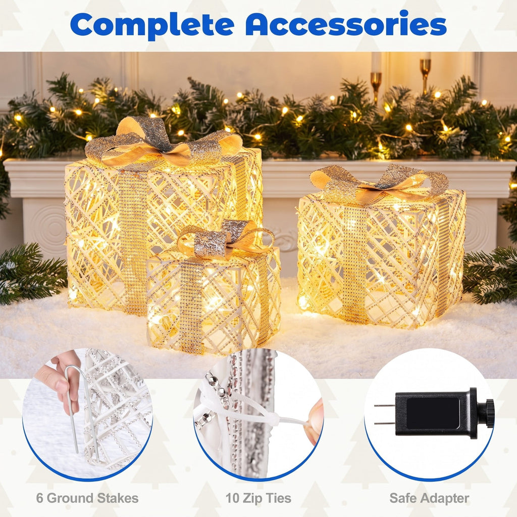 Airfind 3 Pack Christmas Lighted Gift Box with 50 LED Lights and Detachable Bows, PVC Metal Frame, 10in x 10in x 9in Footprint, White