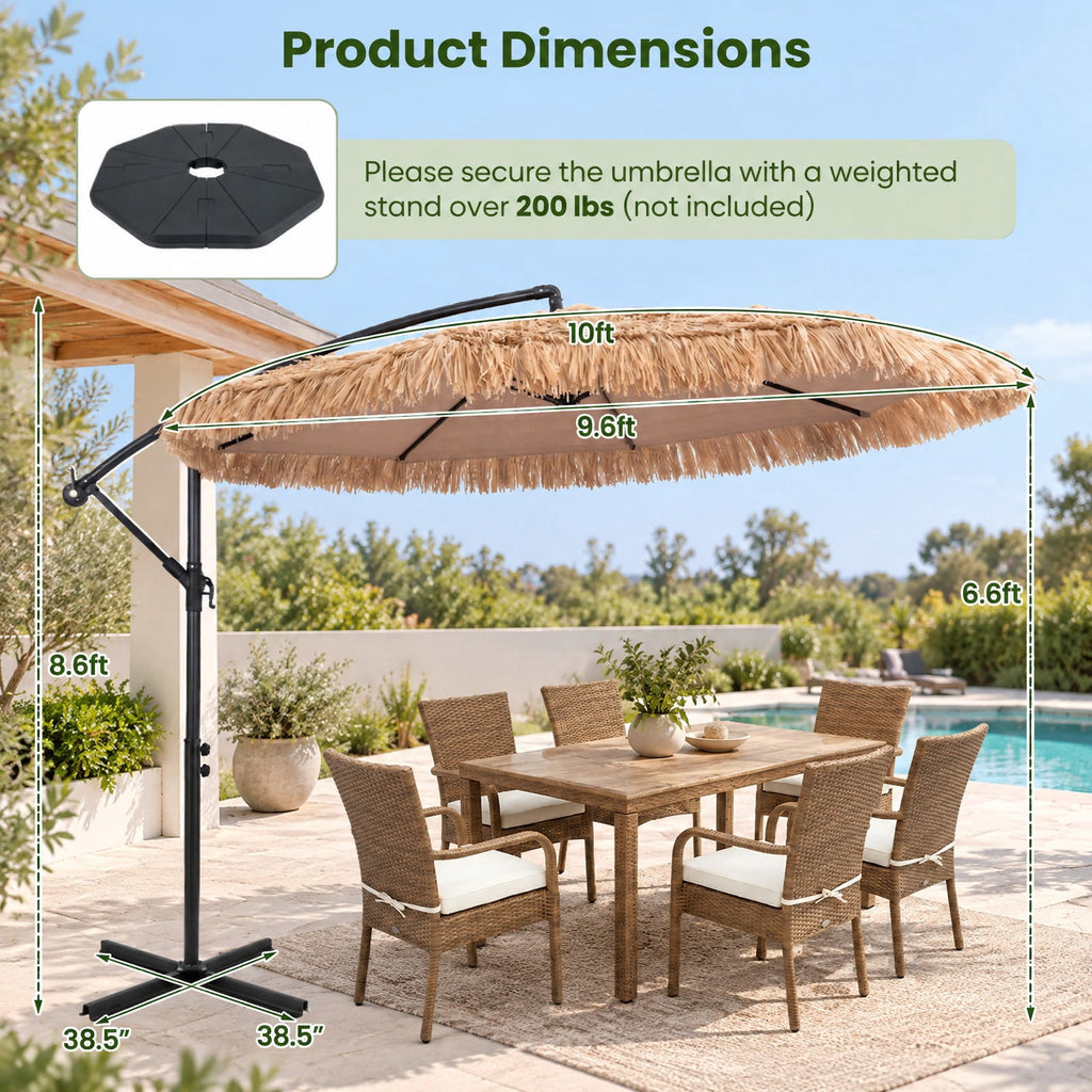 Airfind 10 FT Solar Thatched Cantilever Umbrella with 12 Modes and Crank Lift, PE Thatch Polyester Fabric Metal ABS Frame, Brown