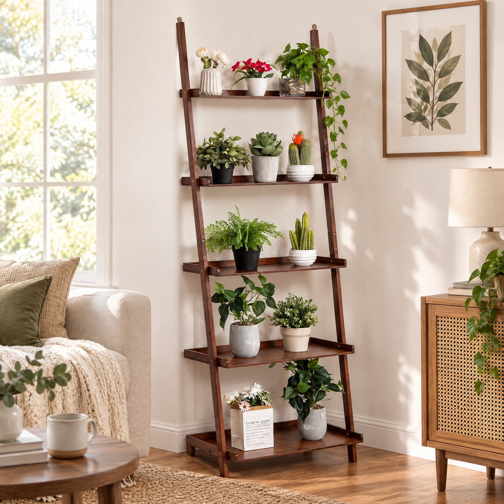 Airfind 5-Tier Ladder Shelf Bamboo Bookshelf Wall-Leaning Storage Display Plant Stand, Bamboo Frame, Walnut