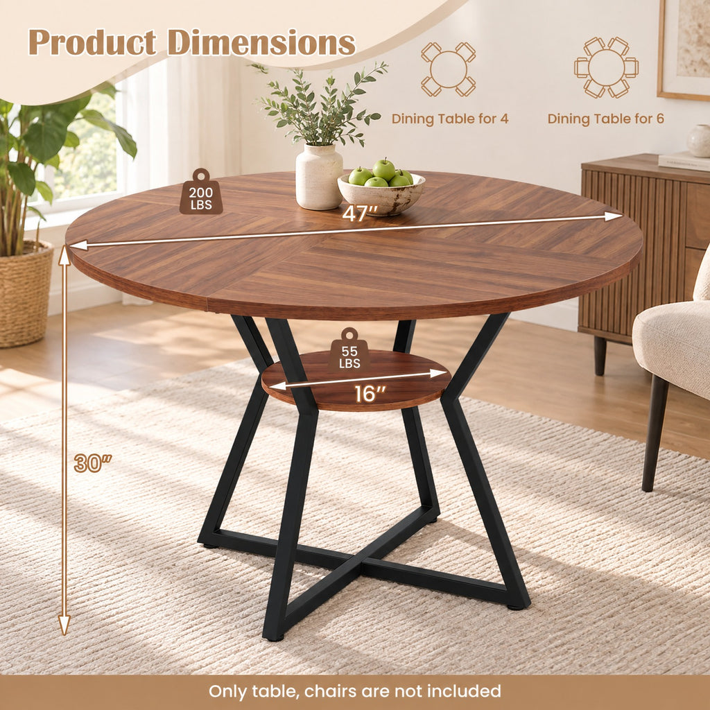 Airfind 47in Round Dining Table for 4 with Storage Shelf, 200 lbs Capacity, MDF Metal Frame, 47in x 30in Footprint, Brown