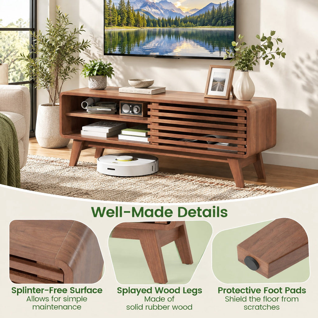 Airfind TV Stand for TVs up to 55 Inch with Sliding Door and Adjustable Shelves for Living Room, 220 Lbs Capacity, Rubber Wood MDF, Brown