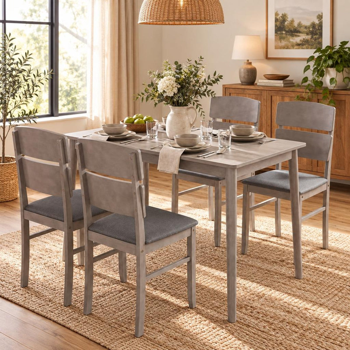 Airfind 5-Piece Dining Set featuring High Curved Backs for 4 People, 175 lbs Capacity, Rubber Wood MDF Plywood Polyester Fabric Sponge Frame, Gray