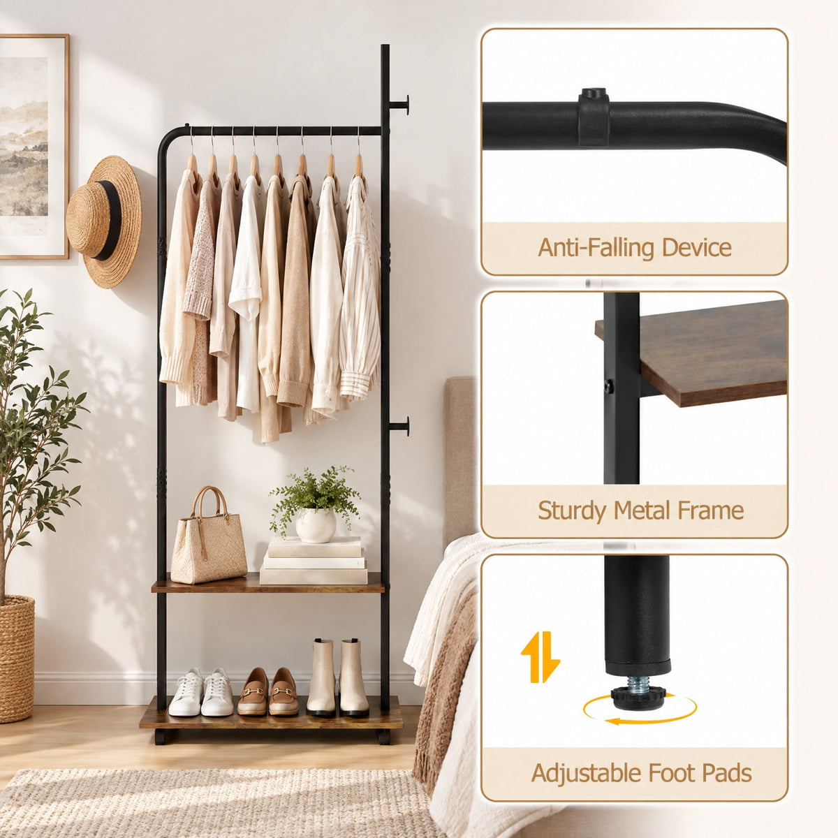 Airfind Freestanding Clothing Rack with Wheels and Storage Shelves for Entryway and Bedroom, 120 lbs Capacity, Engineered Wood Metal Frame, Brown