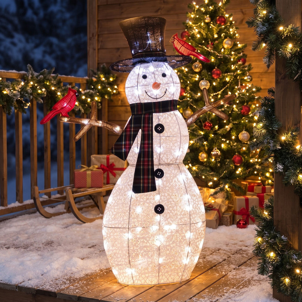 Airfind 4.2 Feet Lighted Snowman and Redbirds Christmas Decoration, Tinsel Fabric Metal Frame, 3.3 x 0.5 x 4.2 ft Footprint, Black+White+Red