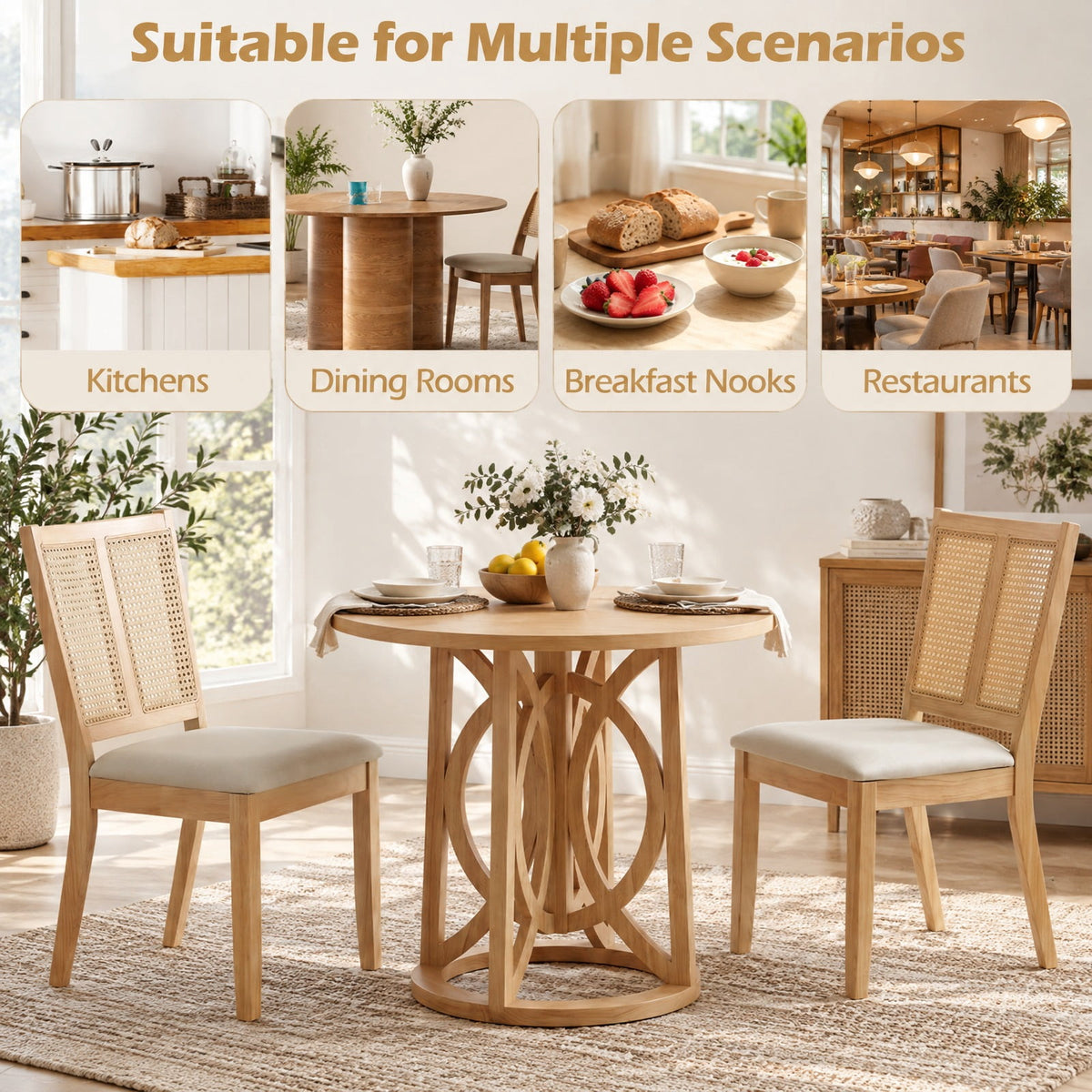 Airfind Rattan Dining Chairs Set of 2 with Curved Backrest and Padded Seat for Dining Room, 380 lbs Capacity, Rubber Wood Frame, Natural