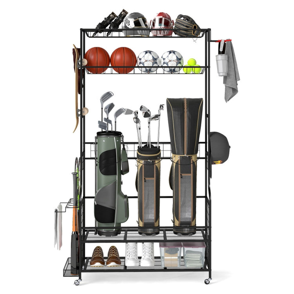 Airfind Mobile Golf Bag Storage Organizer for 3 Bags with Club Rack and Baskets and Locking Casters for Garage and Basement, Black