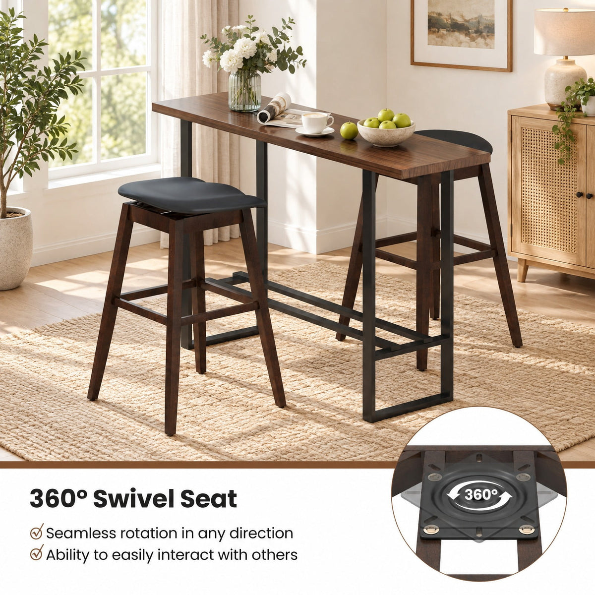 Airfind Swivel Bar Stools Set of 2 with Padded Contoured Seat and Footrest-Black and Brown, 310 lbs Capacity, Rubber Wood MDF PVC Leather Sponge Frame