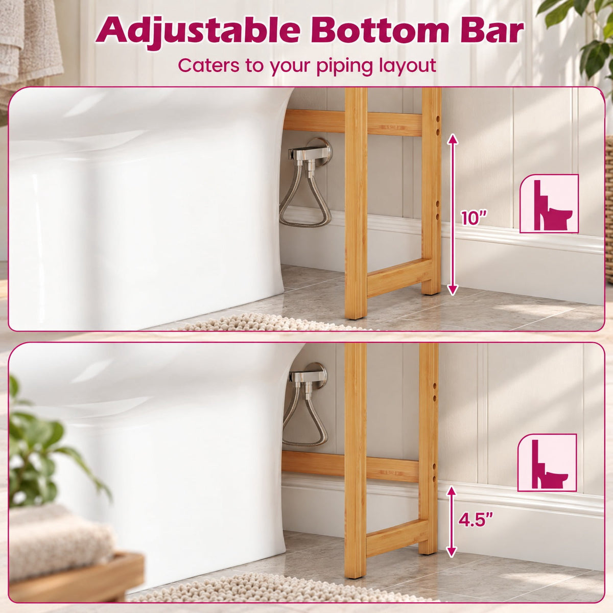 Airfind 3-Tier Bamboo Bathroom Floor Organizer with 5-Position Shelves and 3 Hooks, 132 lbs Capacity, Bamboo Frame, Natural
