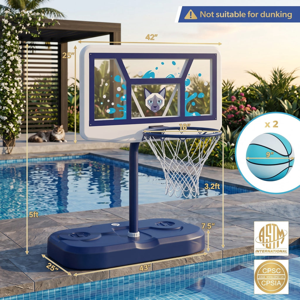 Airfind Pool Basketball Hoop Set with 2 Balls and Inflation Pump, Poolside Water Basketball Game with Weighted Base and Shatterproof PC Backboard for Indoor, Navy