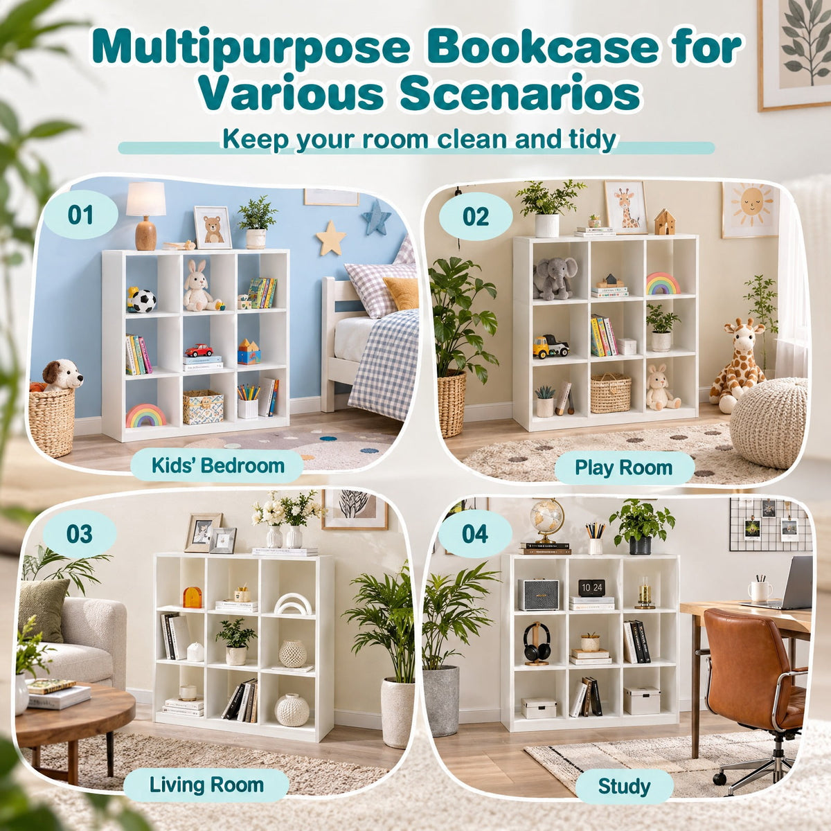 Airfind Modern 9-Cube Bookcase with 2 Anti-Tipping Kits for Books Toys Ornaments, 330 lbs Capacity, Engineered Wood Frame, White