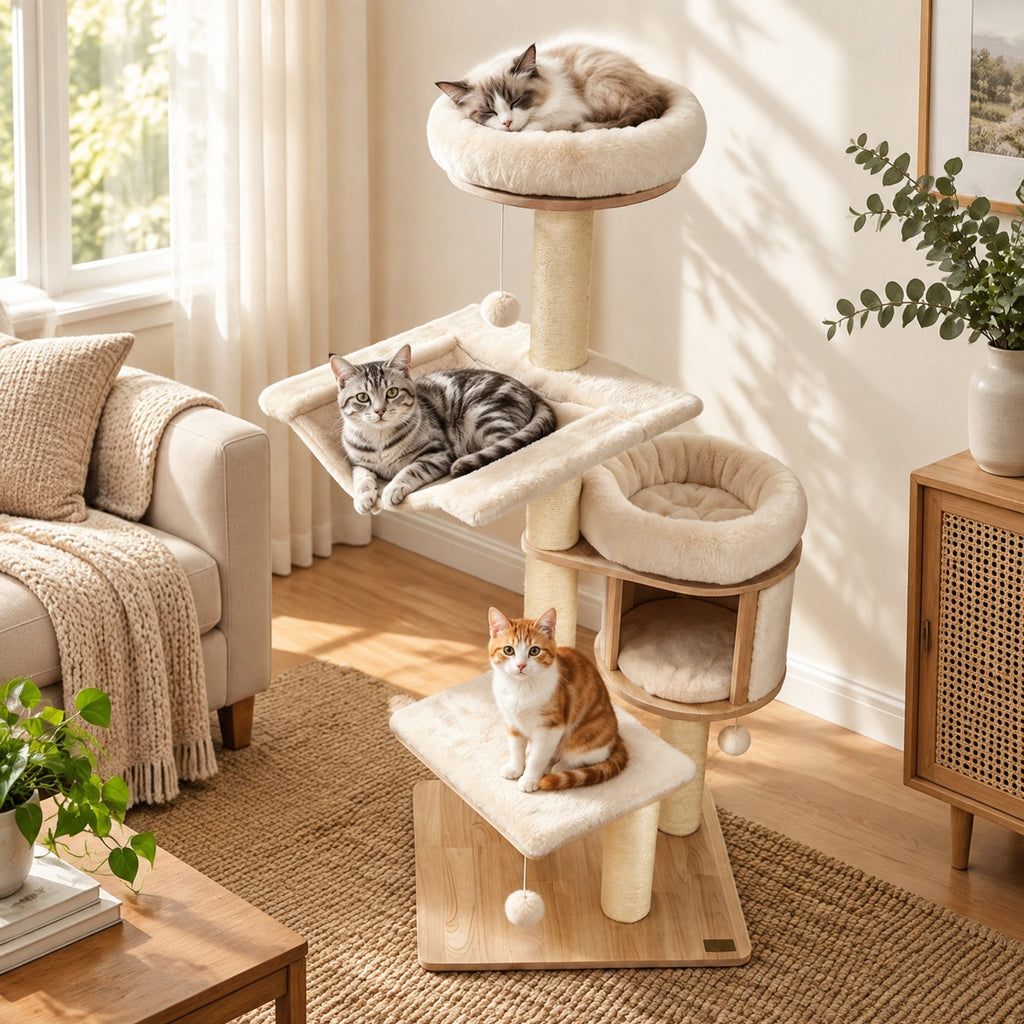 Airfind 55in Solid Rubber Wood Cat Tree with Condo and Hammock and Scratching Posts for Adult Cats, Beige