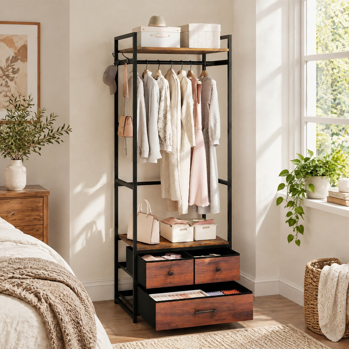 Airfind Clothes Rack with Drawers and Shelves with Side Hooks and Metal Frame, 22 lbs Capacity, Metal Engineered Wood Fabric Frame, Brown