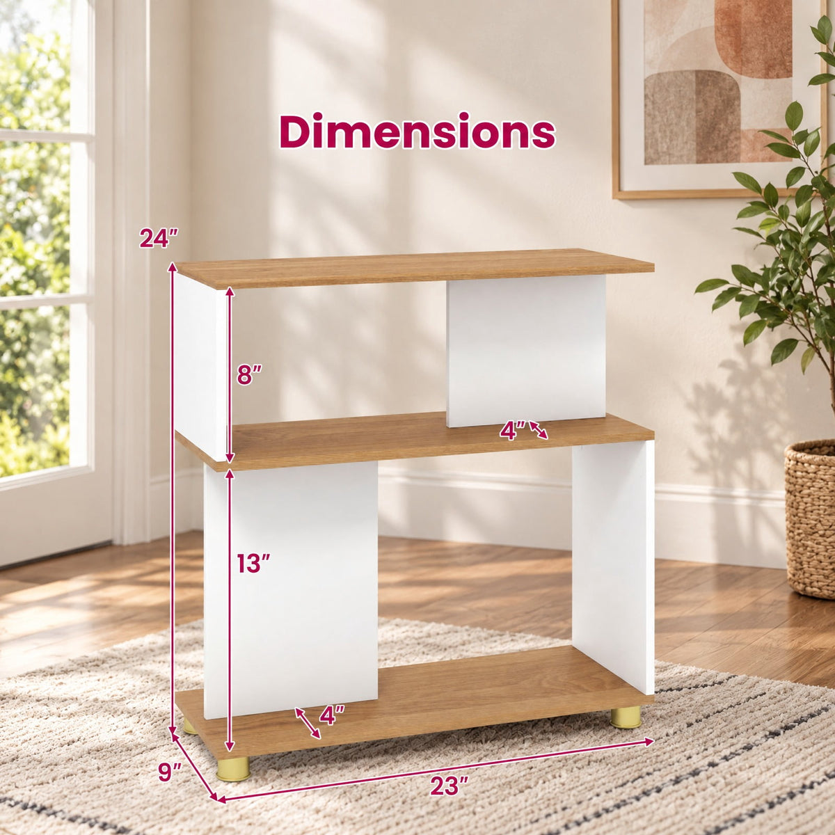 Airfind 3-Tier Modern S-shaped Bookshelf with Adjustable Feet, 135 lbs Capacity, Engineered Wood Frame, White