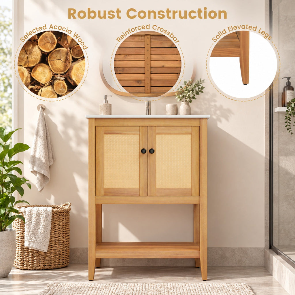 Airfind Bathroom Vanity with Ceramic Sink 2 Rattan Doors and Slatted Shelf, 70 lbs Capacity, Acacia Wood PE Rattan Ceramic Frame, White + Natural