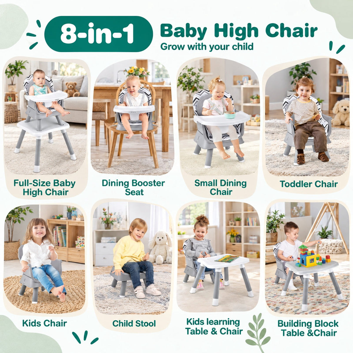 Airfind 6-in-1 Convertible Youth High Chair featuring Adjustable Removable Tray with Detailed Instruction and Tool-free Installation, Gray