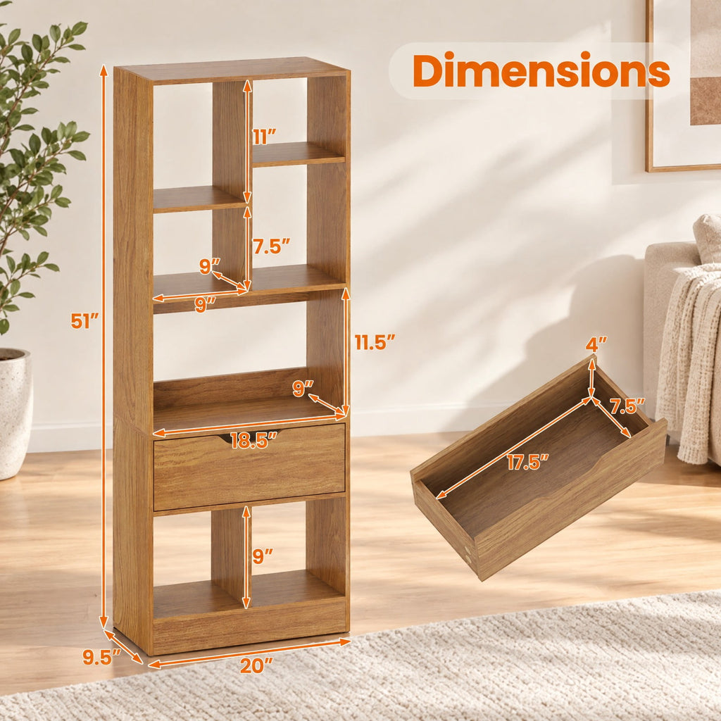 Airfind 51inch Tall Freestanding Bookcase with Drawer 7-Cube Storage Organizer, 165 lbs Capacity, Engineered Wood MDF Frame, Natural