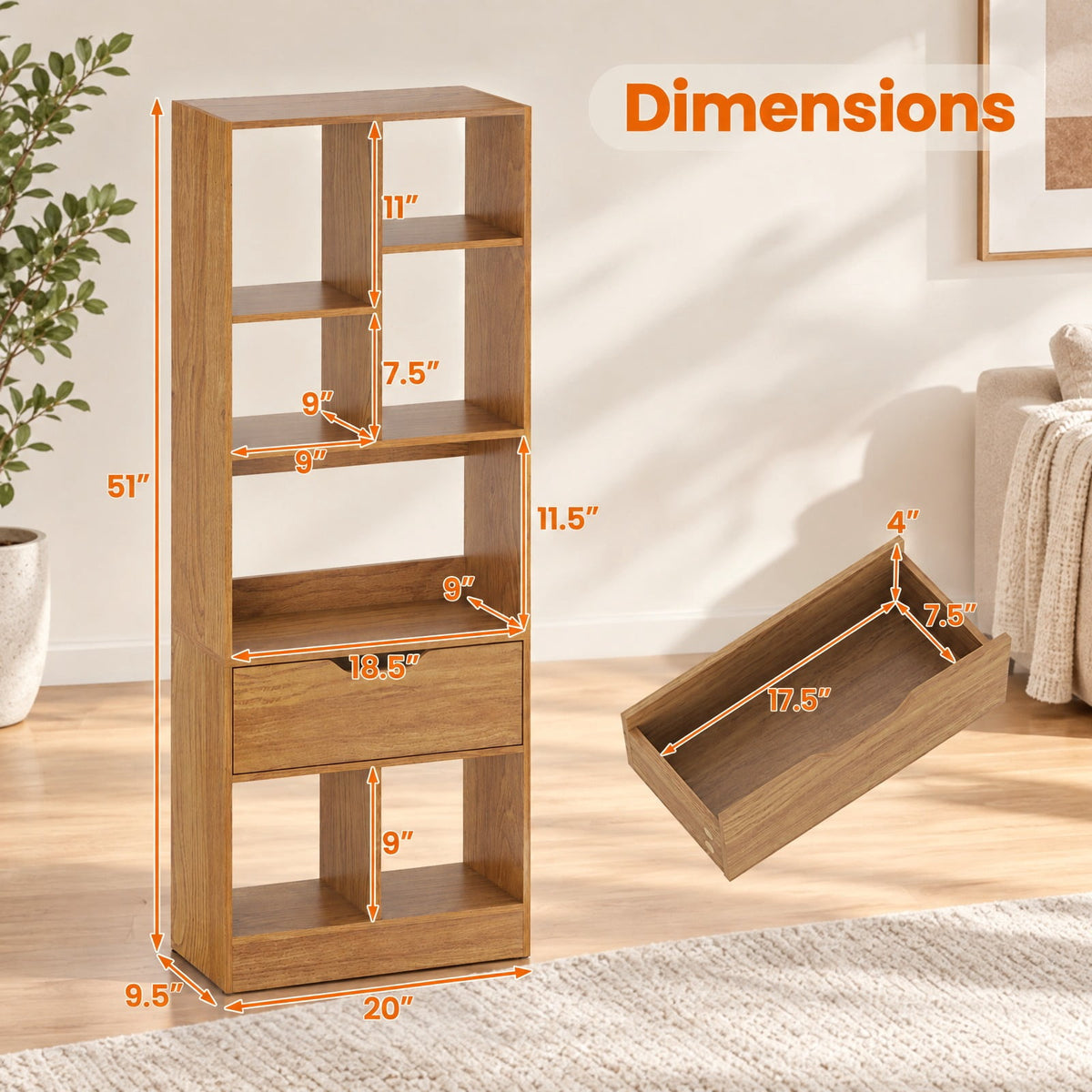 Airfind 51inch Tall Freestanding Bookcase with Drawer 7-Cube Storage Organizer, 165 lbs Capacity, Engineered Wood MDF Frame, Natural