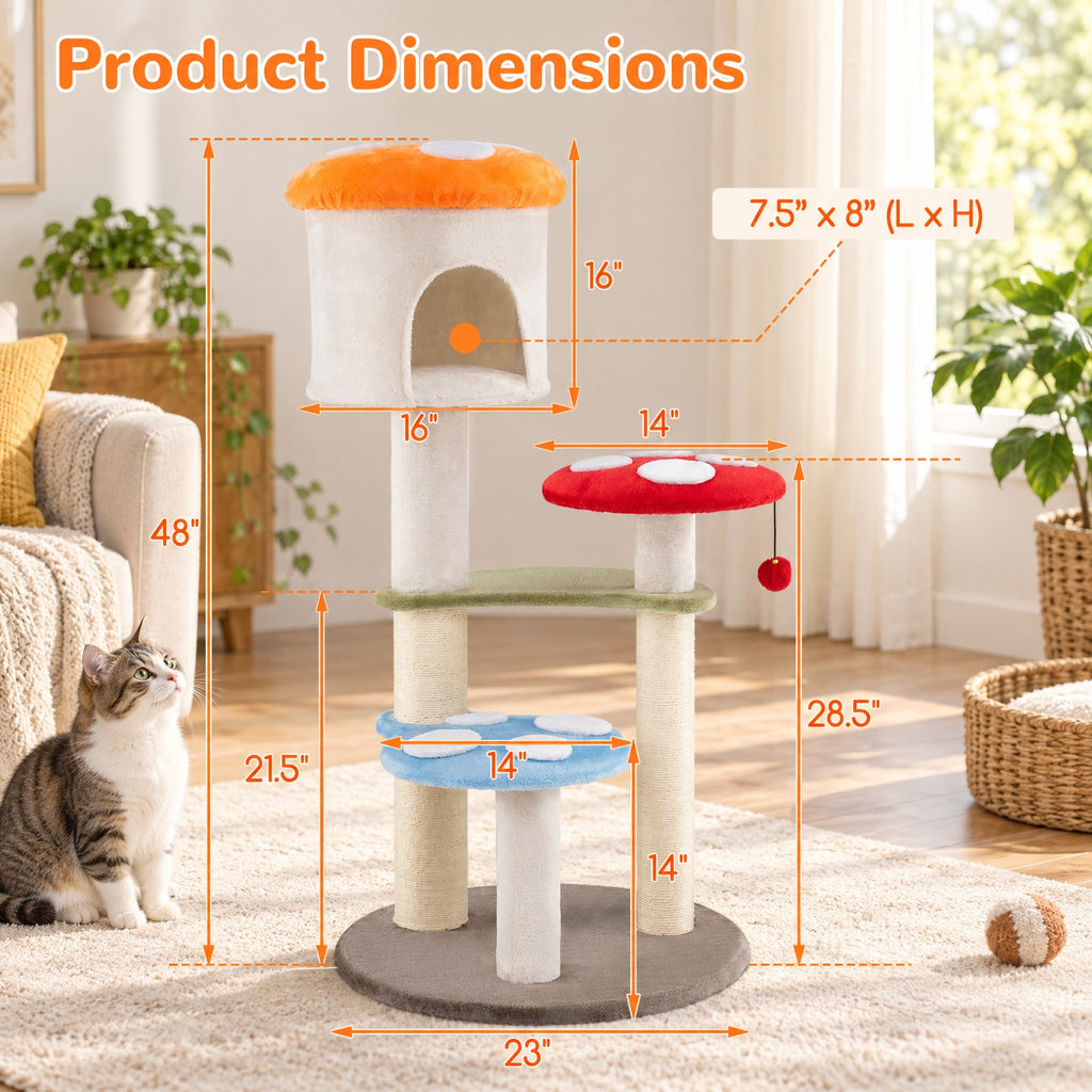 Airfind Cute Mushroom Cat Tree with Sisal Scratching Posts Top Condo and Padded Platforms, 22 lbs Capacity, 23 x 48 Footprint, Colorful