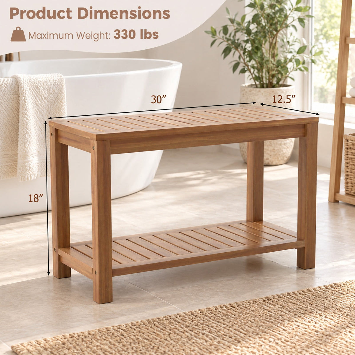 Airfind 30 Inch Teak Wood Shower Bench Inside Shower Stool with Storage Shelf, Teak Wood 19 Inches Frame, 19 x 12.5 x 17.5 Footprint, Wood