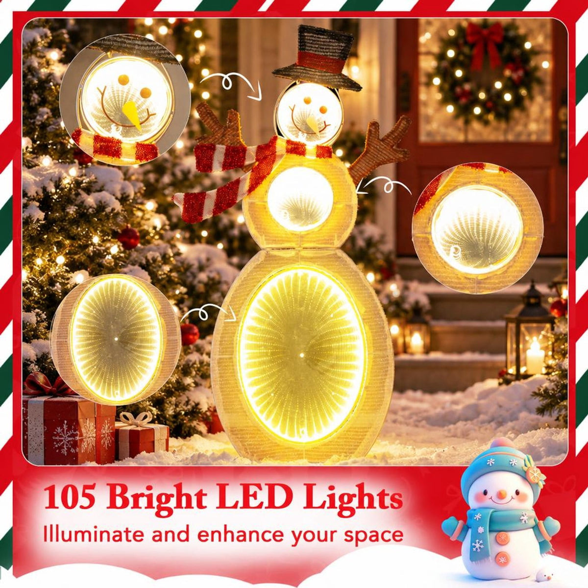 AIRFIND Lighted Snowman Christmas Decoration, 2.6 ft Figure with 105 LED Lights, Mirror Accents, Metal Stand and Ground Stakes for Yard Display