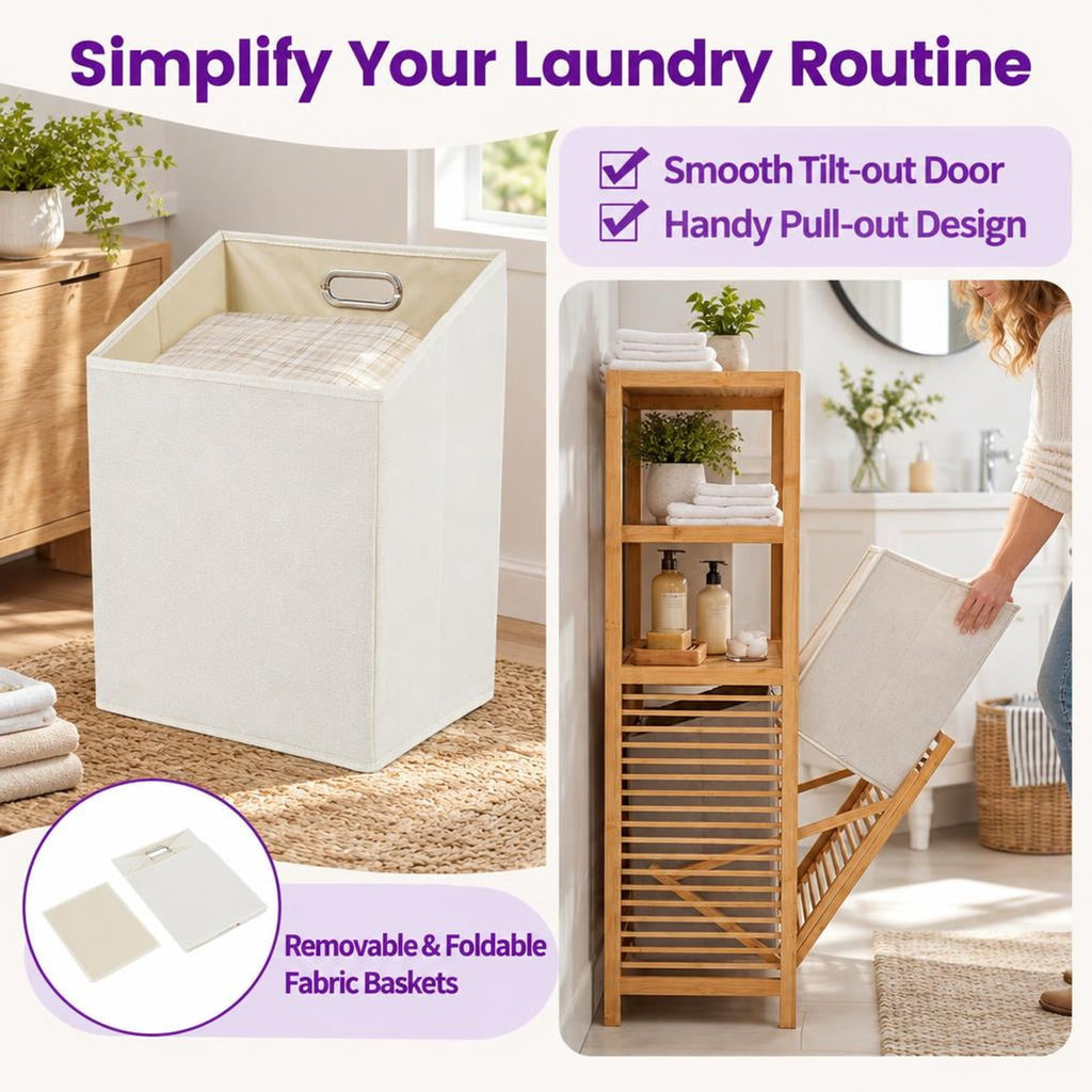 Airfind Double Tilt Out Laundry Hamper with 3 Shelves and 2 Removable Baskets for Dirty Clothes, 220 lbs Capacity, 32in x 12in x 44in Laundry Footprint