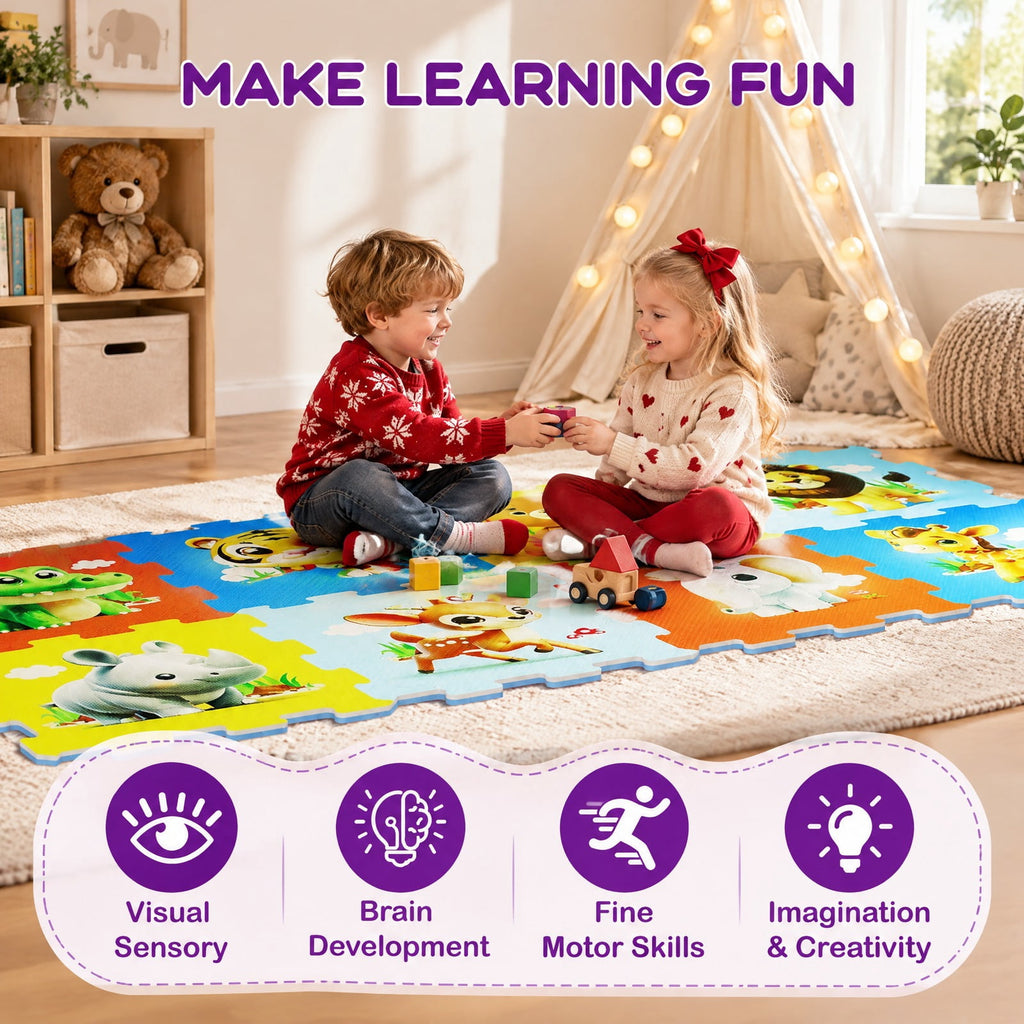 Airfind EVA Foam Baby Play Mat with 8 Interlocking Animal Shapes, Non-Slip Stackable Activity Floor Tiles for 10 Months and Up, Colorful