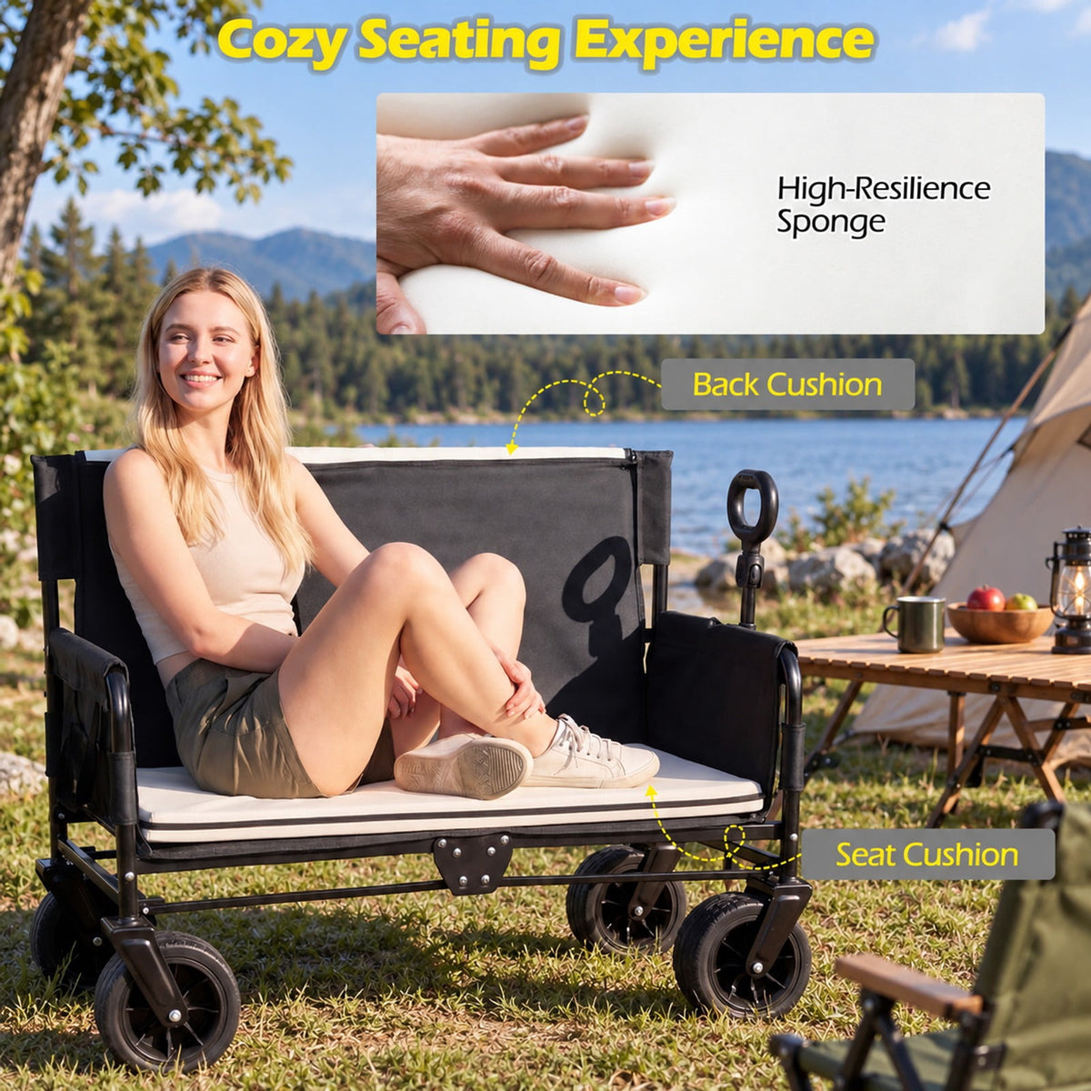 AIRFIND Collapsible Utility Wagon with 2-in-1 Bench Seat Design and 176 Lb Capacity for Beach, Camping and Outdoor Trips, Black