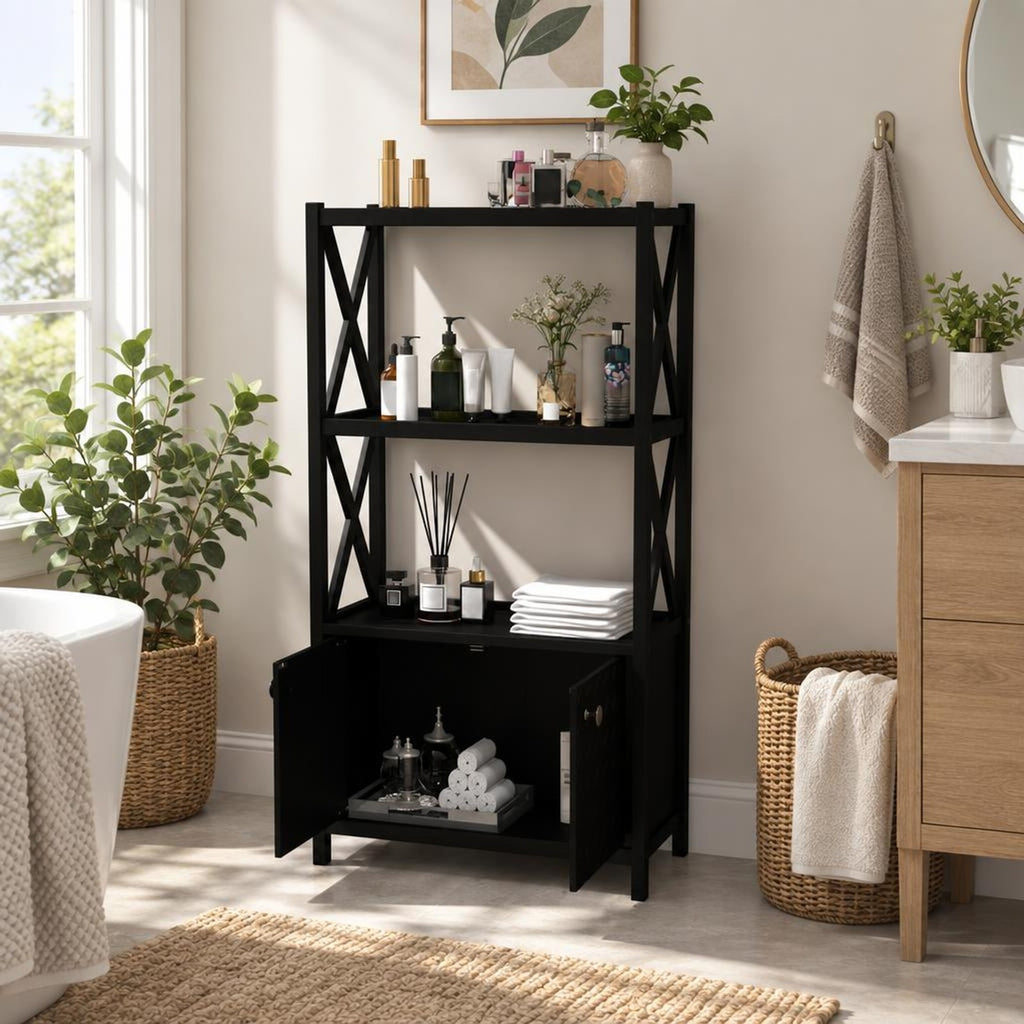 Airfind Bathroom Storage Cabinet with Open Shelves and Double Doors, 88 Lbs Capacity, Rubber Wood Mdf, 25 Inch X 12 Inch X 47 Inch, Black