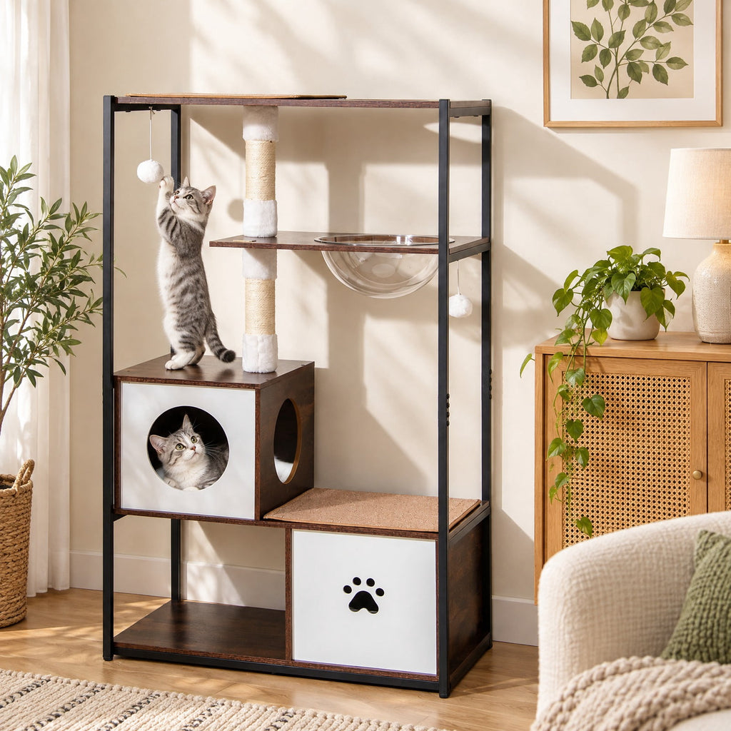 Airfind 52 Inch Tall Wooden Cat Tree Metal Frame with 2 Condos and Cushions, 33 lbs Capacity, 32 x 17.5 x 52 (L x W x H) Bottom Condo Footprint