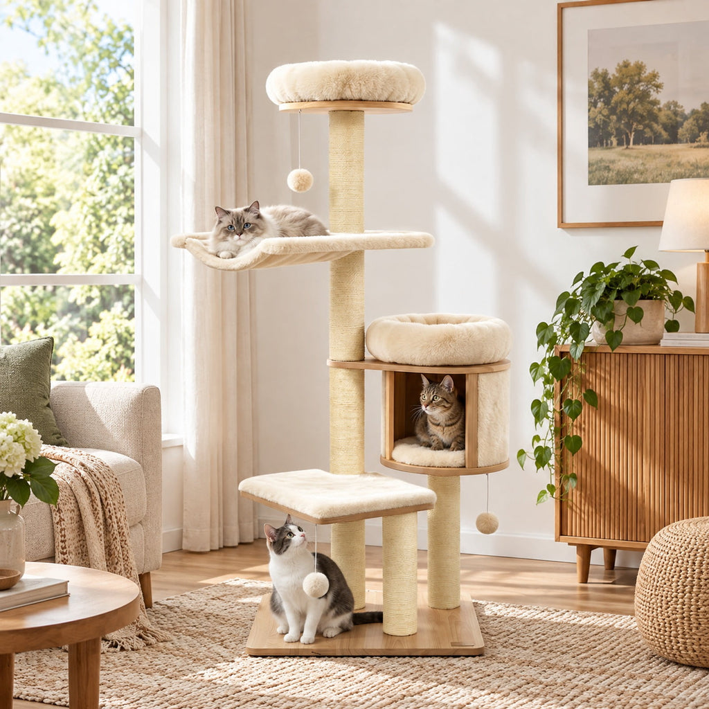 Airfind 55in Solid Rubber Wood Cat Tree with Condo and Hammock and Scratching Posts for Adult Cats, Beige
