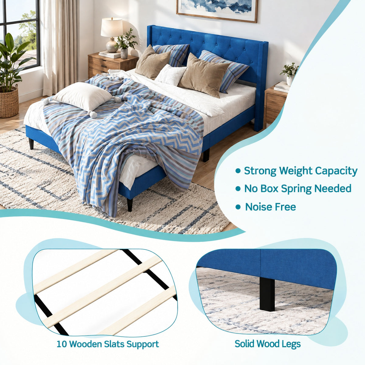 Airfind Queen Size Upholstered Platform Bed with Button Tufted Wingback Headboard, 550 lbs Capacity, Blue