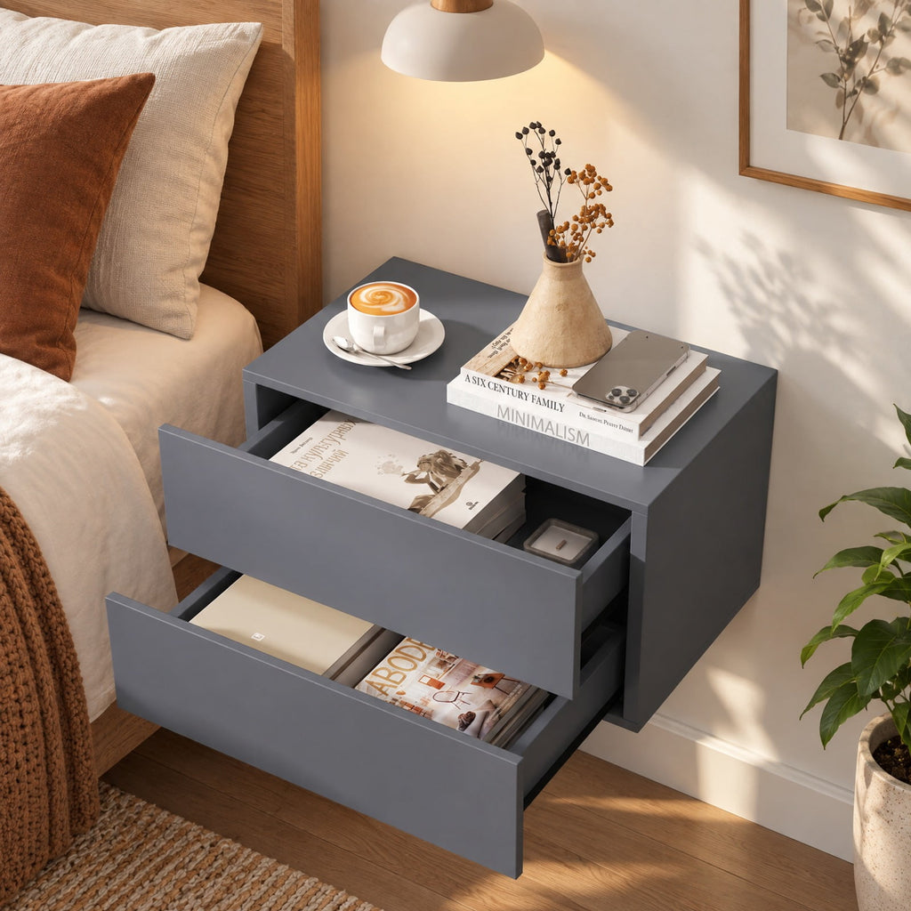 Airfind Floating Nightstand with 2 Storage Drawers Wall Mounted for Bedroom, 11 lbs Capacity, Engineered Wood Frame, 16.5in x 12in x 11.5in Footprint