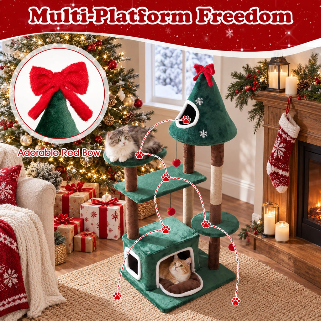 Airfind 54Christmas Cat Tree with 2 Condos and Removable Cushion, 22 lbs Capacity, Engineered Wood Frame, 30 x 24.5 x 54 Footprint, Green