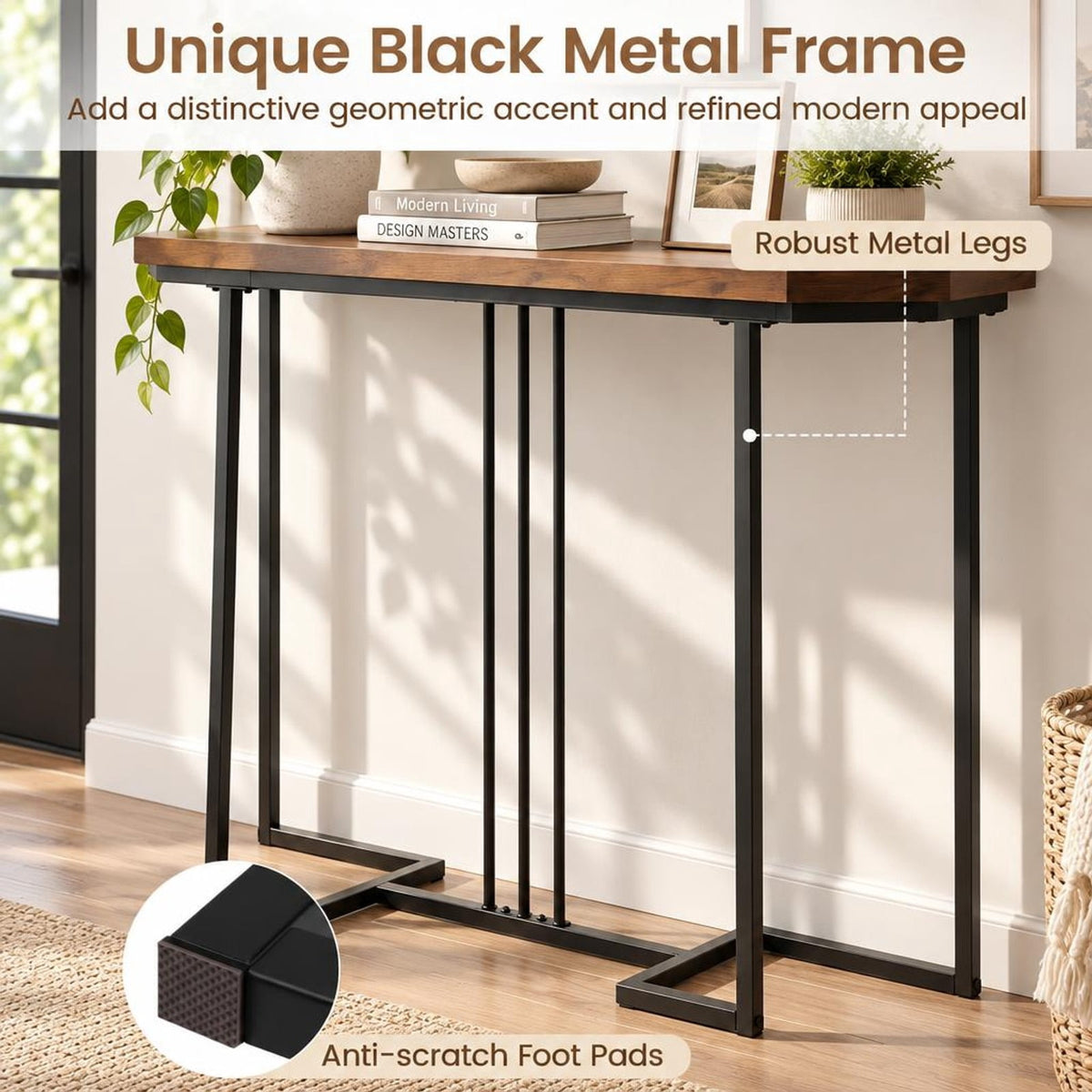 Airfind Modern Console Table Narrow Entryway Table with Metal Legs, 88 lbs Capacity, Engineered Wood Metal Frame, 44 x 12 x 36 Footprint, Brown
