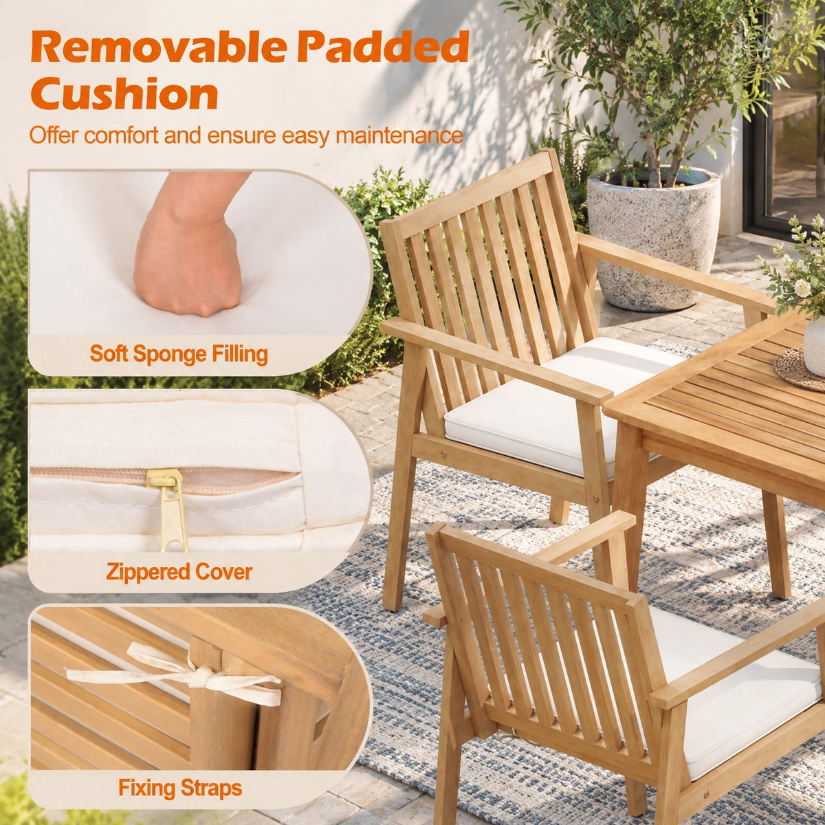 Airfind 2 Pieces Patio Dining Chairs Outdoor Acacia Wood Chairs with Removable Padded Cushion, Acacia Wood Sponge Non-woven Fabric Frame, Wood
