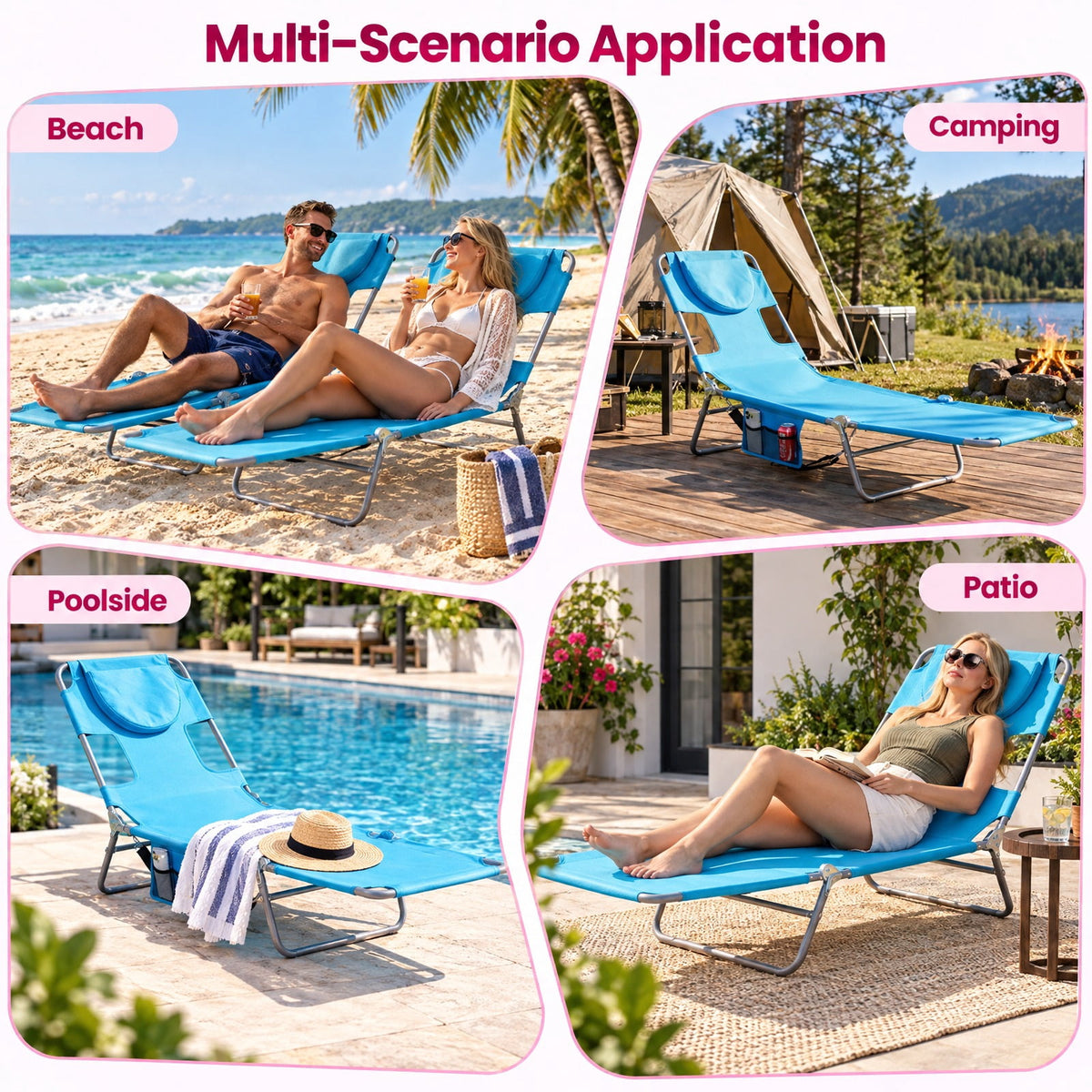 Airfind Folding Beach Lounge Chair with Adjustable Backrest for Lawn, 330 lbs Capacity, Metal Oxford Fabric Polyester Sponge Frame