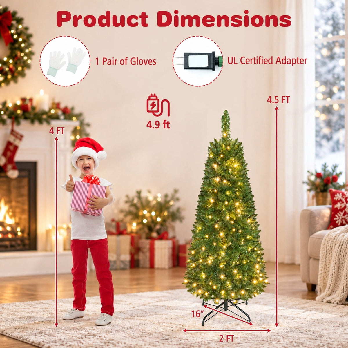 Airfind 4.5 Ft Pre-lit Artificial Christmas Tree, Slim Pencil Fir Tree featuring 150 Warm LED Lights, Hinged Branches and Folding Metal Stand, Green