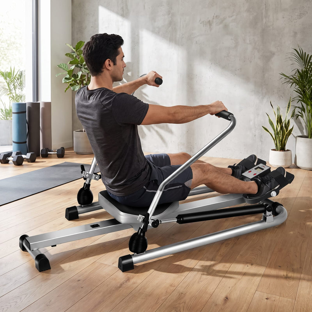 Airfind Adjustable Double Hydraulic Rowing Machine with LCD Monitor for Full Body Cardio Home Gym Foldable Workout, Black