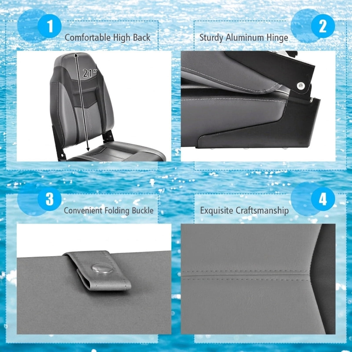 Airfind High-Back Folding Boat Seat with Thick Cushioned Padding and Waterproof Vinyl and Aluminum Hinges and Universal Mount Bracket for Fishing Pontoon and Runabout, Black