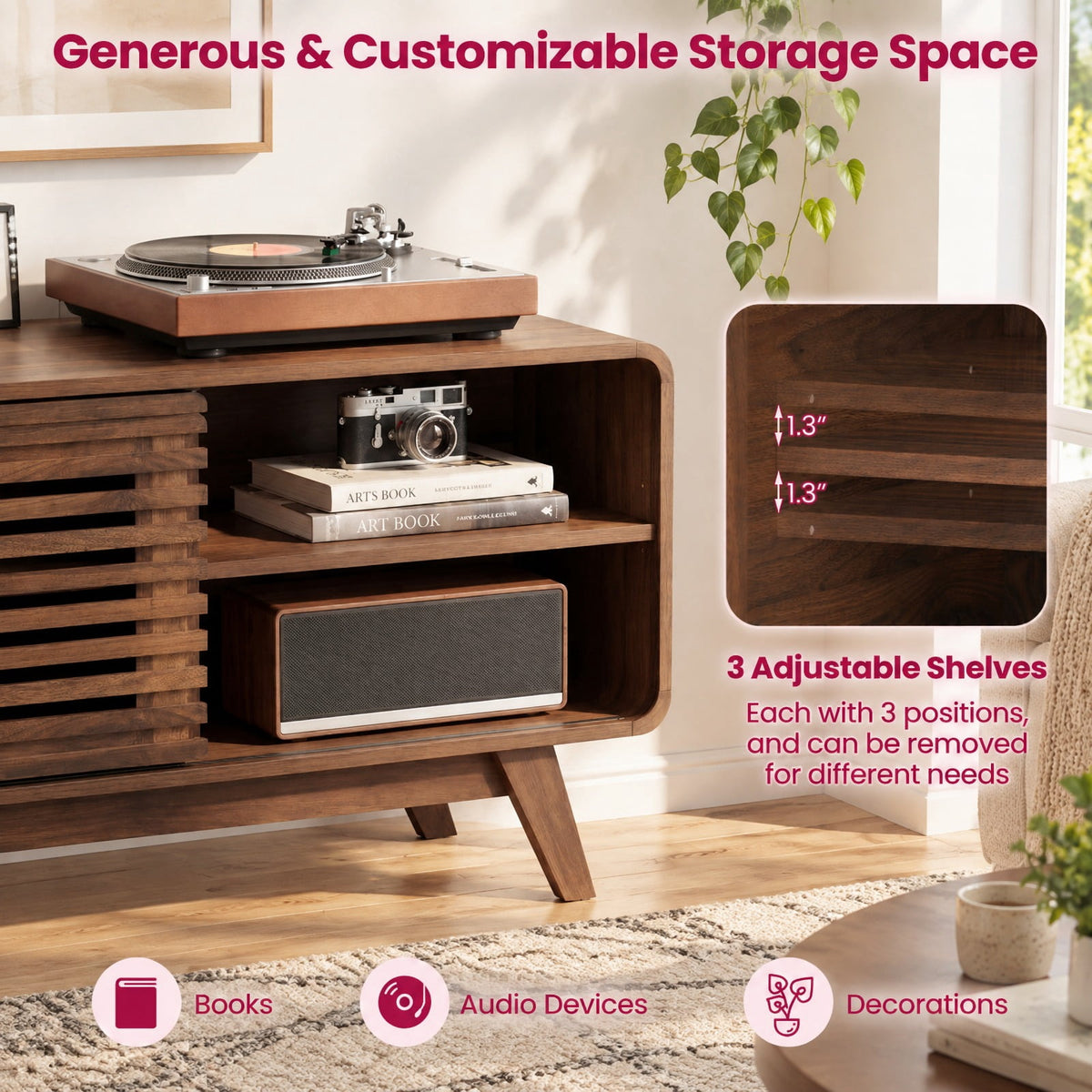 Airfind Mid Century Modern Entertainment Center with Grille-style Sliding Doors for Living Room, 100 lbs Capacity, MDF Engineered Wood Frame, Walnut