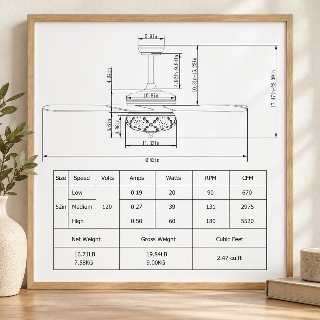 Airfind 52 Inches Ceiling Fan with Remote Control, Metal PC MDF Frame, Walnut, Make a retro addition to your home decoration