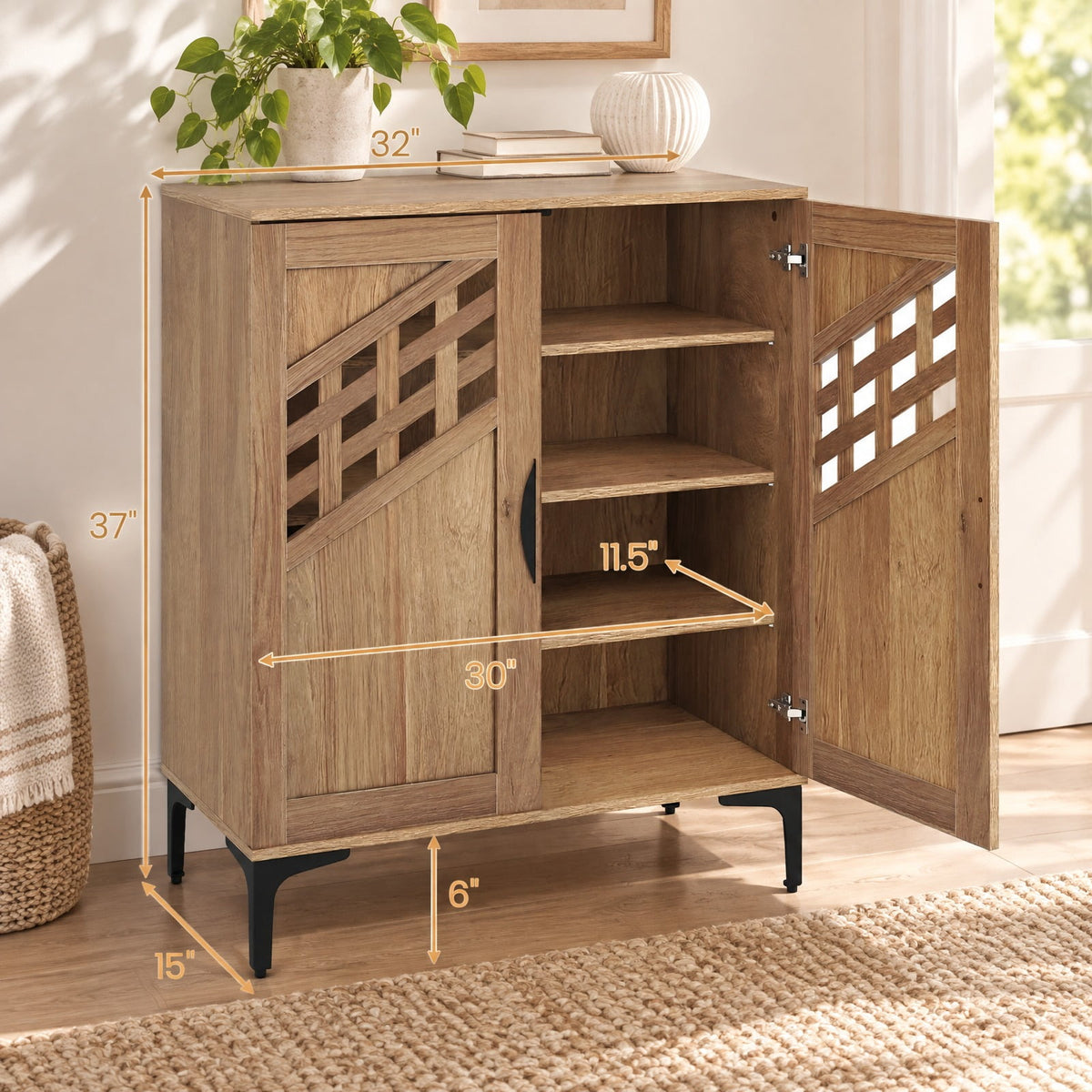 Airfind 4 Tier Farmhouse Shoe Storage Cabinet with Removable Shelves and Metal Legs, 180 lbs Capacity, Engineered Wood MDF Metal Frame, Walnut