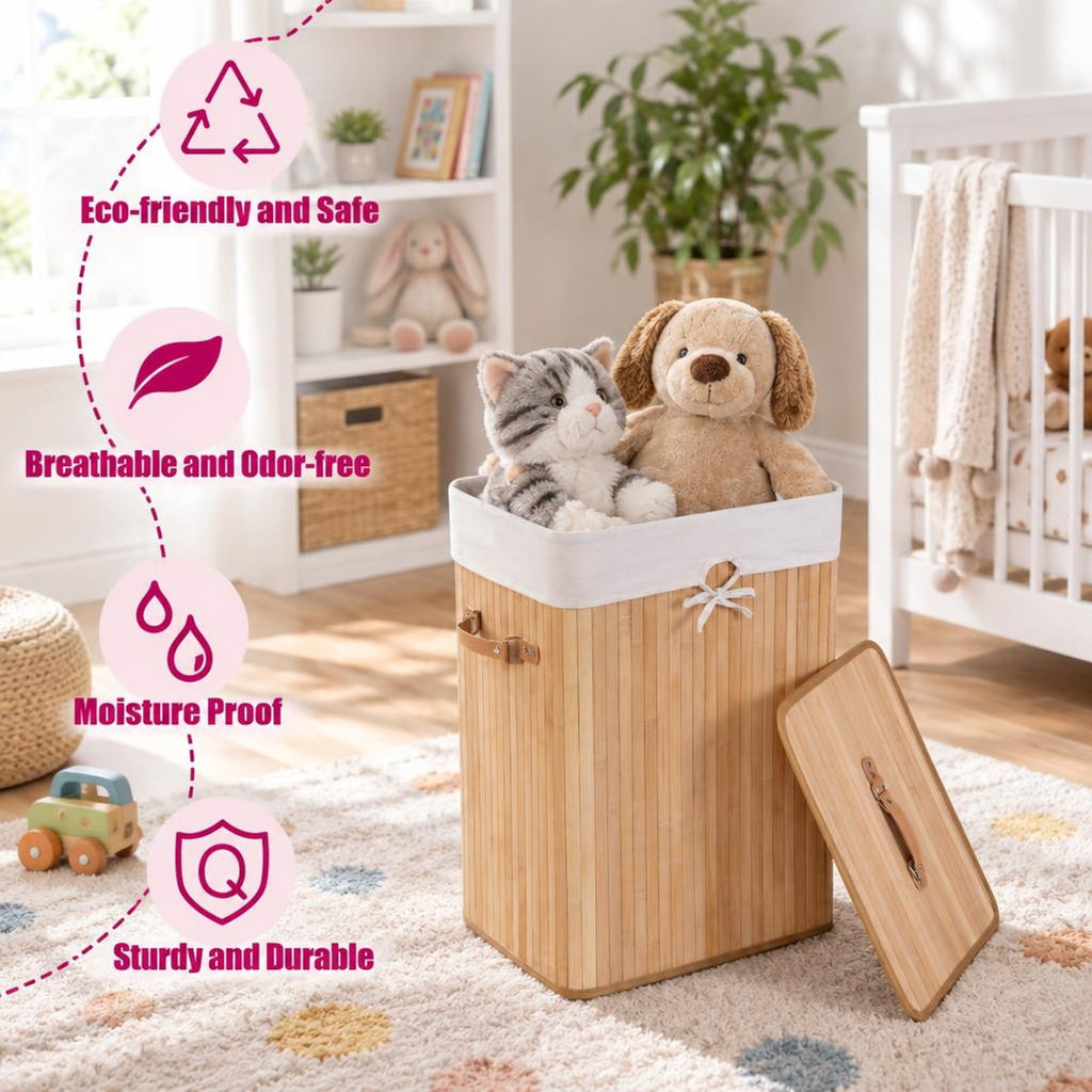 Airfind Rectangle Bamboo Hamper Laundry Basket Washing Cloth Bin Storage Bag Lid 3 color, Bamboo and polyester cotton Frame, Natural