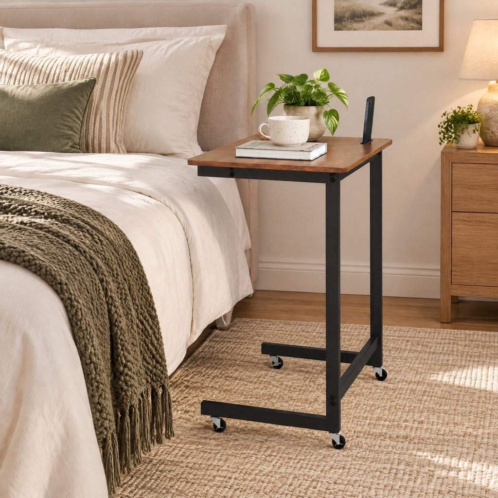 Airfind C-shaped End Table with Wheels Mobile Bedside Table with Built-in Phone Slot, 80 lbs Capacity, Engineered Wood Metal Frame, Brown