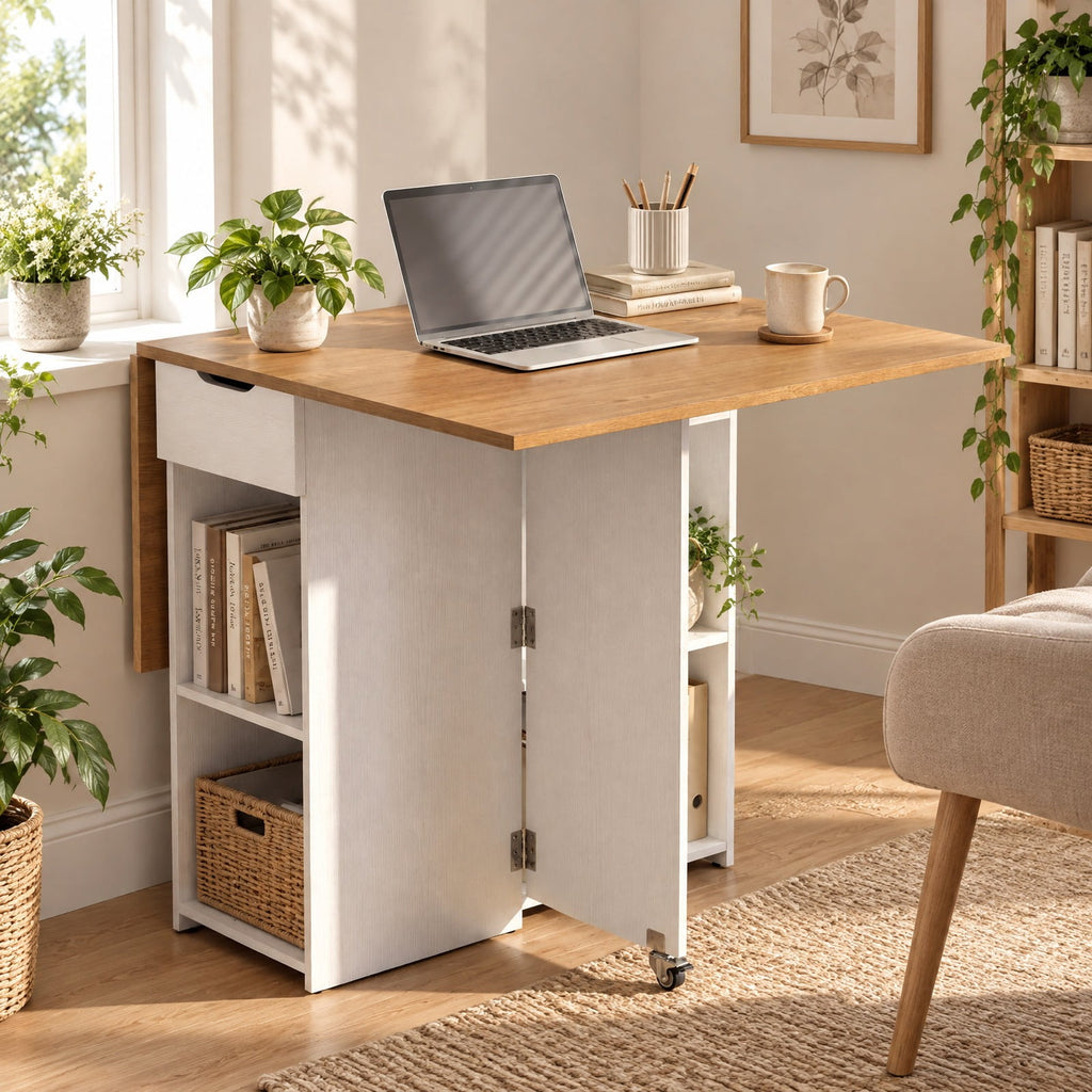 Airfind 47.5 Inch Farmhouse Extendable Wooden Dinner Table with Lockable Wheels, 88 Lbs Each Shelf Capacity, Engineered Board MDF, Natural