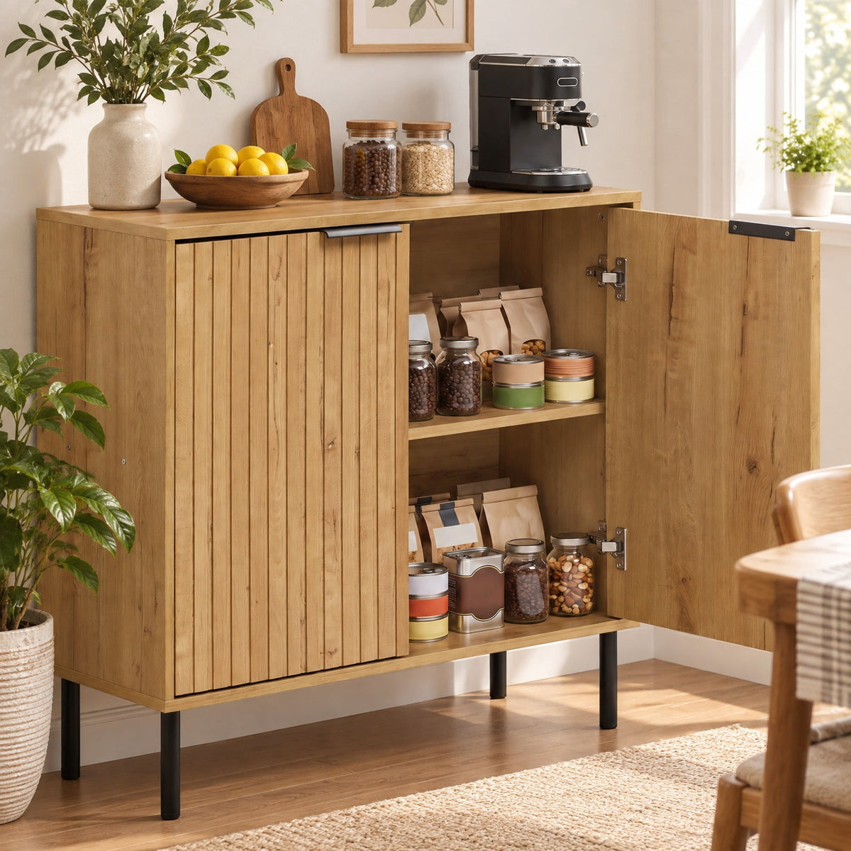 Airfind Fluted Buffet Cabinet with 2-Door Sideboard for Kitchen and Dining Room, Black Oak + BlackMaterial Engineered Wood MetalOverall