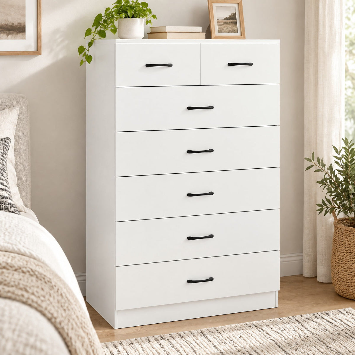 Airfind 7-Drawer Tall Dresser with Metal Handles and Anti-Tipping Kits, 66 lbs Capacity, Engineered Wood MDF Frame, 32 x 18 x 48 Footprint, White