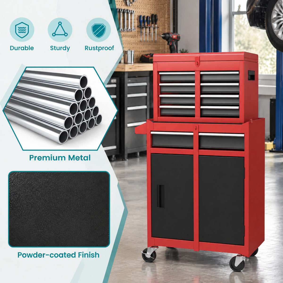 Airfind 2-in-1 Tool Chest and Cabinet with 5 Sliding Drawers-Black and Red, 220.5 lbs Capacity, Steel rubber-plastic synthetic Frame, Gray